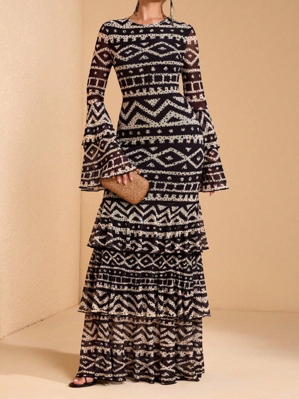 Multicolor Elegant Women's All-Over Print Flared Sleeve Boho Dress